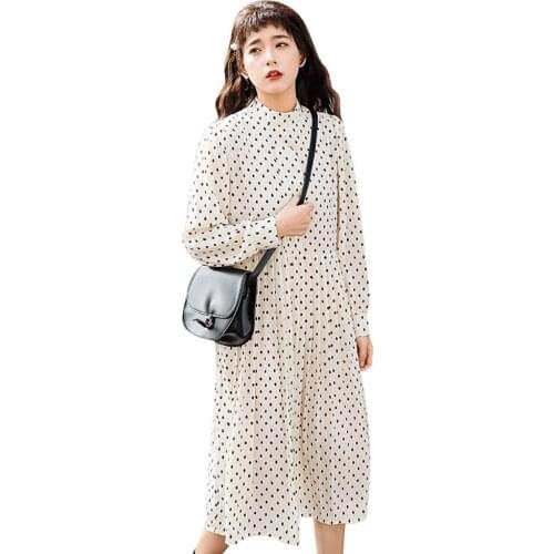 Women dots print maxi dress pleated long loose Shirt sleeves female casual dresses chic ankle length vestidos