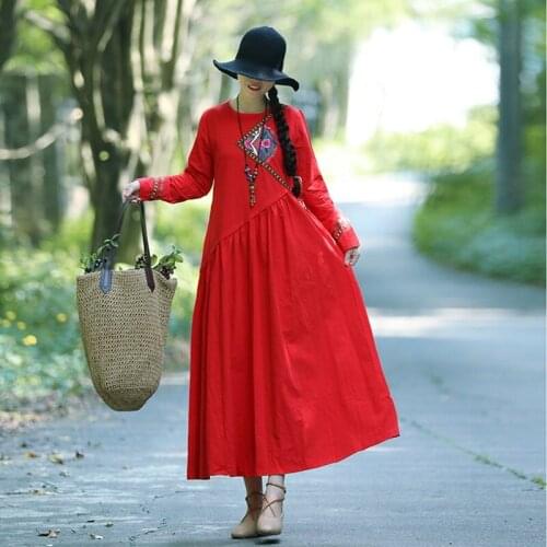 Red Black Robe Vintage Femme Autumn Fashion Long Dress Ethnic Embroidery Vestido Long Sleeve Loose Casual Dresses AA4291