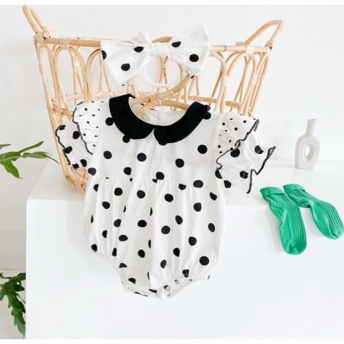 2021 New Summer Kids Girls Bodysuit Peter Pan Collar Ruffles Sleeves Dot Jumpsuit Cute Style Children Clothes