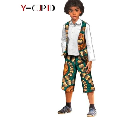 African Clothes for Kids Boys Outfits Bazin Riche Children Cotton Print Vest Jacket Shirts and Pants 3 Pieces Sets YS204007