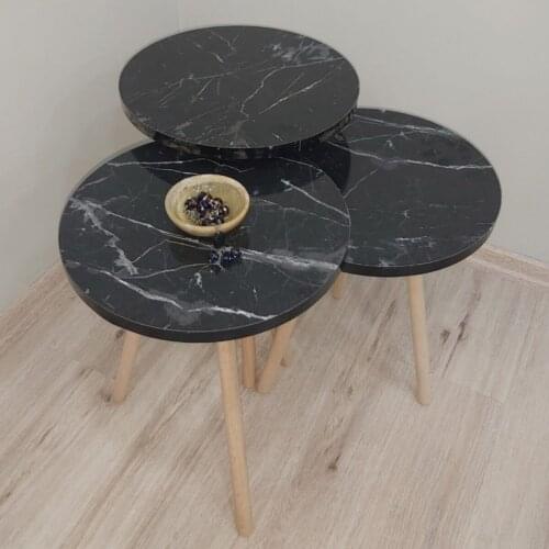 3 Pieces Black Nesting Table Wooden Leg Walnut Round Living Room Brown Coffee Table Bedroom Coffee Table Kitchen Coffee Table