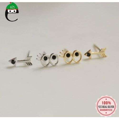 ElfoPlataSi Real 925 Sterling Silver Fashion Asymmetry Arrow Eyes Stud Earring For Women Wedding Mothers Day Jewelry DA2052