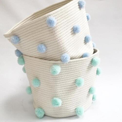 Cotton Rope Knitted Pompom Decor Laundry Basket Toy Storage Bucket Photo Prop Round Storage Bin Bag Clothes Toy Holder
