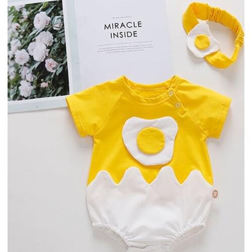 Baby Boys Girls Romper Newborn Cotton O-neck Short-sleeve Egg Pattern Jumpsuit + Hairband Infant Summer Cute One-piece Clothes