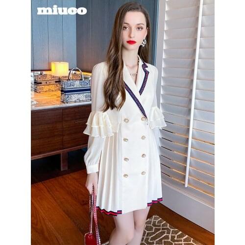 Suit collar double breasted lotus sleeve high waist pleated windbreaker dress 2021 Spring new High Quality Top Quality
