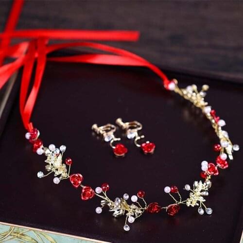 Red Flower Pearl Bridal Headband Earrings Wedding Hair Accessories Gold Hairpin Barrettes Jewelry Women Tiara Headpiece BN