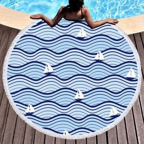 Nordic Stripe Round Beach Towel with Tassels Boat Printed Microfiber 150cm for Summer Swimming Picnic Tapestry Blanket Toalla