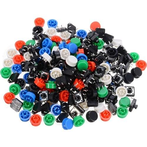 100pcs Micro Keys Tactile Switch PCB Tact Push Button Momentary Switches + 100pcs 5 Color Cap 12*12*7.3mm Electronics Supplies