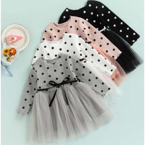 Fashion Newborn Kids Baby Girls Long Sleeve Bowknot Mesh Patchwork Knit Dot Lovely Tutu Tulle Dress