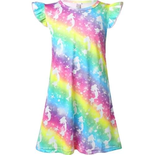 Kids Girls Mermaid Princess Dress Nightgown Cotton Short Sleeve Rainbow Gradient Color Nightdress Girls Pajamas Cute Sleep Dress