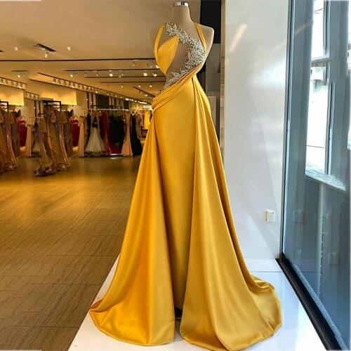 Yellow Mermaid Evening Dresess Sexy Rhinestones Crystal Women Prom Gowns Satin Illusion Bodice Formal Party Vestidos De Fiesta