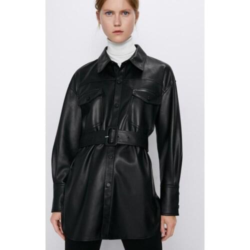 Fandy Lokar Faux Leather Coats Women Fashion Slim PU Jackets Women Elegant Tie Belt Waist Pockets Buttons Coats Female Ladies