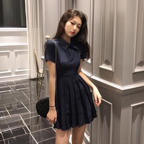 Summer Pleated Mini Dress Women Short Sleeve High Waist Office Lady Korean French Sweet Party Dress Summer Student Style Z224