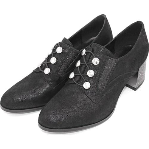ROSSTYLE Casual Fashion Genuine Leather High Heel Round Metal Decoration Lace-Up Sheepskin Classic Office Women Shoes C7