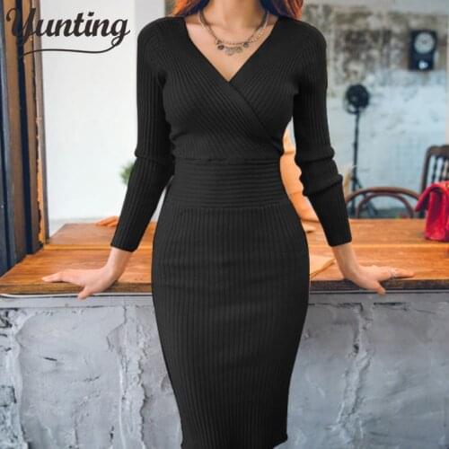 Sexy Club V-neck Long Sleeve Bodycon Dress For Women 2021 Winter Knitted Sweater Woman Dresses Robe Femme