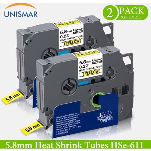 Unismar 2PK 5.8m Heat Shrink Tube Hse611 for Brother Label Tape Hse-611 Black on Yellow Wire Cable Tape for P touch Label Maker