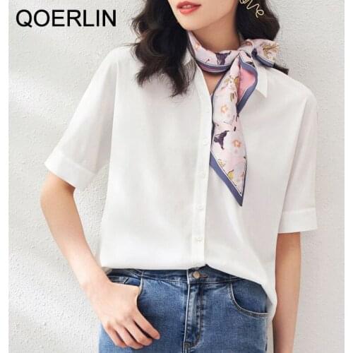 QOERLIN 2XL Shirt Women White Blouse Bowtie Half Sleeve Tops Blouse Turn-Down Collar Fashion Elegant Shirts Plus Size Blue Blusa