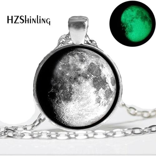 Glow in the Dark Moon 3/4 Moon Pendant Full Moon Necklace Glass art photo glass cabochon necklace pendant Glowing jewelry