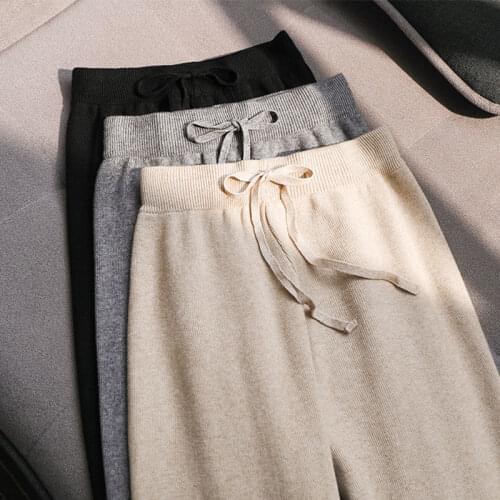 2021 Autumn Winter Women Slim Knitted Wide Leg Pant Lady Solid Elastic High Waist Lace Up Pants Female Casual Loose Trouser T226