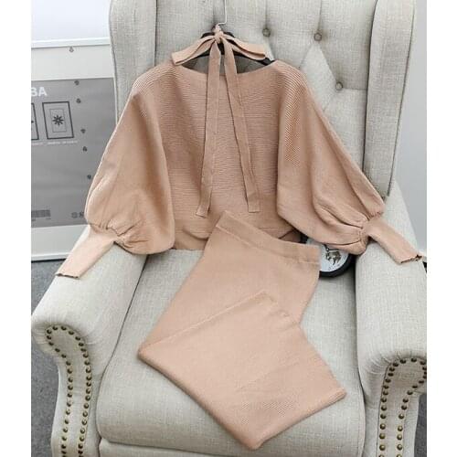 Graceful Women Loose Sweaters Skirts Outfits Solid Batwing Sleeve Costumes Female Woman Knitted Sweater Tops Skirt 2PCS Sets