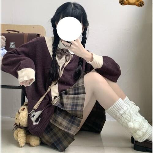 Japanese College Style Loose Contrast Color Cute Bear Pocket V-neck Thickening Lazy Sweater Coat Autumn and Winter Women