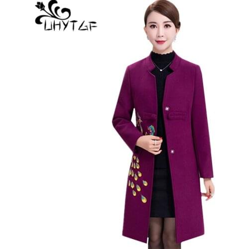 UHYTGF Elegant mom wool coat fashion embroidery autumn coat women stand collar quality cashmere warm winter jacket plus size1163