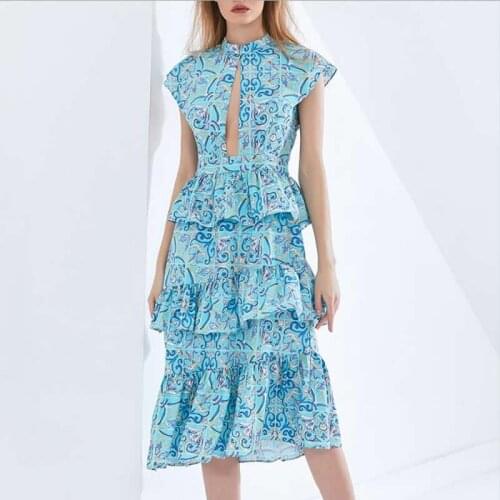Luxury Flower Print Women Cascading Ruffle Dress Elegant Sexy Hollow Out Mid-Calf Dresses 3236