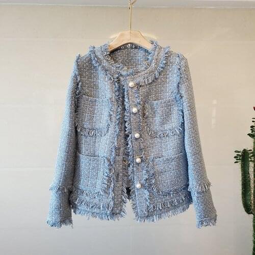 Autumn Winter Vintage Plaid Tweed Jackets Women O-Neck Long Sleeve Loose Woolen Coats Office Lady Tassel Pockets Pearls B599