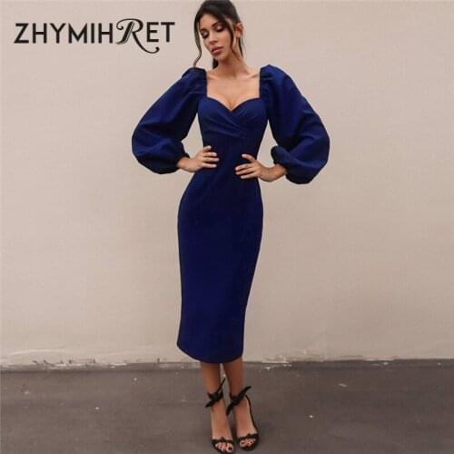 ZHYMIHRET 2019 Autumn Puff Sleeve Midi Dress Women Elegant Party Wrap Pencil Dress Skinny Sexy Backless Vestidos