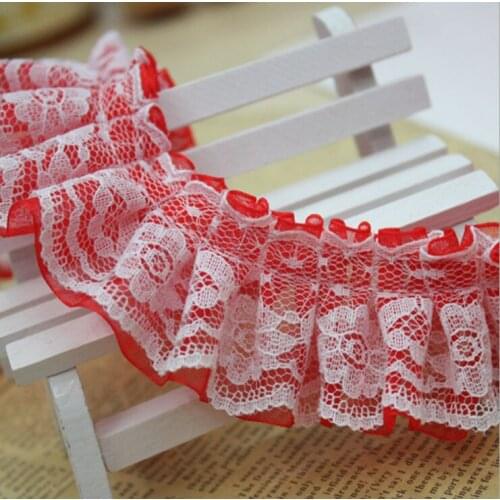 40Yards 4cm Lace Fabric Pleated Lace Ribbon Toy Dolls Clothing Collar Dress Trim DIY Sewing Red White