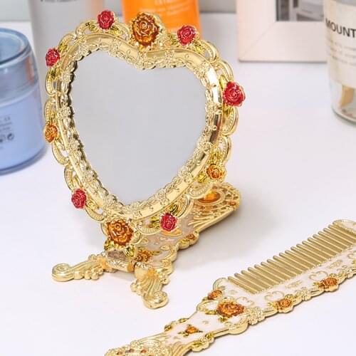 European Luxury Vintage Heart Shape Hand Mirror Gold Makeup Mirror Frame Pocket Mirror Set Hair Comb Gift