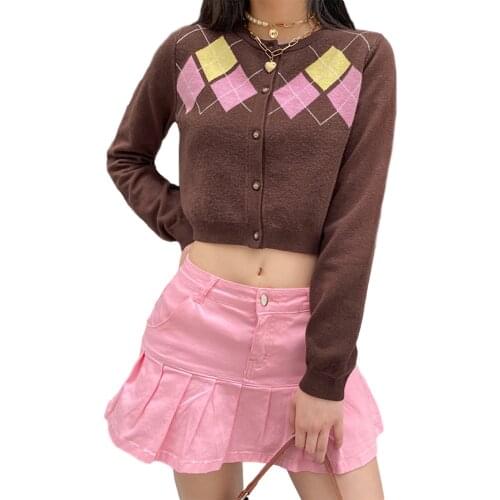 Spring And Autumn Women Coffee Color Buttoned Short Top Sexy Long Sleeve Round Neck Diamond Ribbed Knit Cardigan Sweater