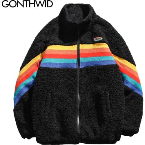 GONTHWID Fleece Parka Jackets Rainbow Color Block Patchwork Zipper Cotton Padded Coats Winter Thick Warm Hip Hop Harajuku Tops