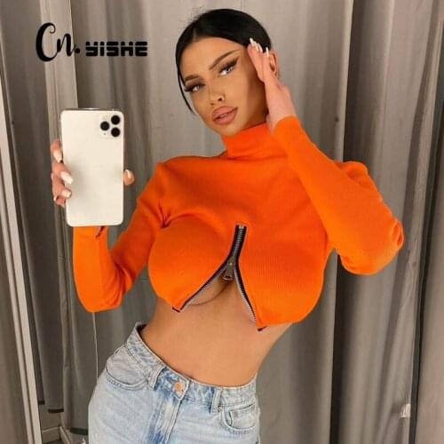 CNYISHE Fashion Womens Zipper Tight Fitted T-shirts Tees Tops Female Crop Top Fall Sexy Neon Orange Slim Cropped Shirts Blusas