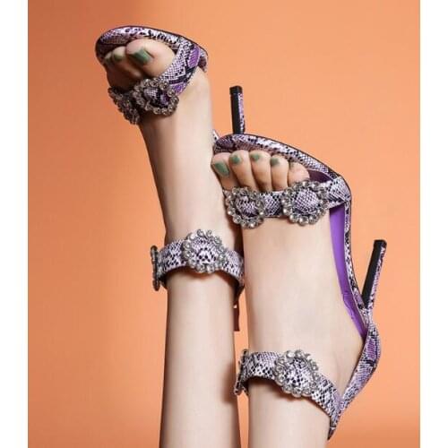 Moraima Snc Snakeskin Leather High Heel Sandal Sexy Open Toe Ankle Strap Party Dress Heels Crystal Flower Woman Shoes