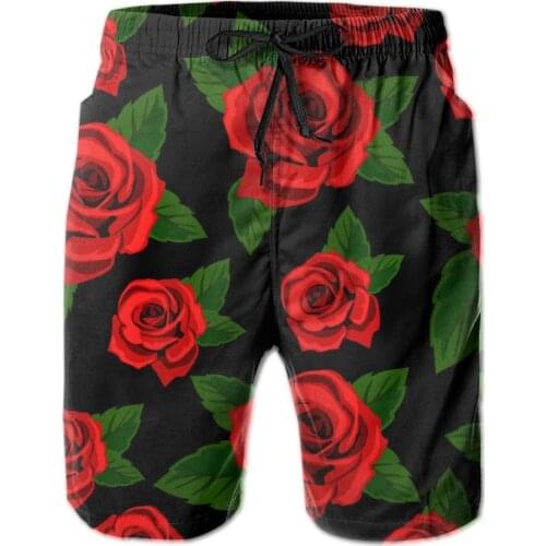 Mens Swimwear Swim Shorts Trunks Red Roses With Leaves Beach Board Shorts Swimming Swimsuits Mens Running Sports Surffing shorts