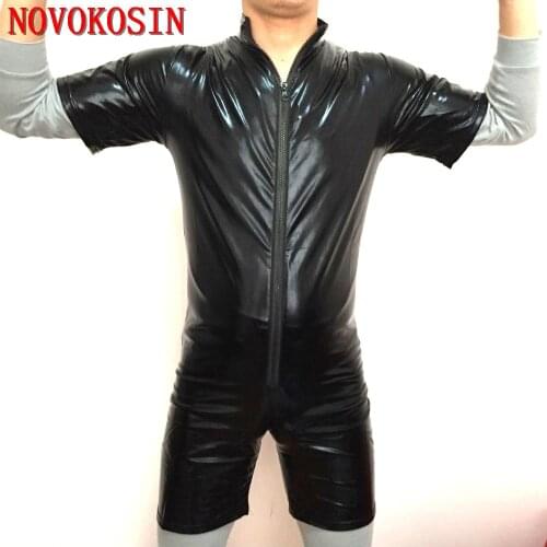 KH16 2018 Men Short Zipper Above Crotch Faux Leather Bodysuit Short Pants DS Short Sleeves Night Club Teddies Sexy Lingerie