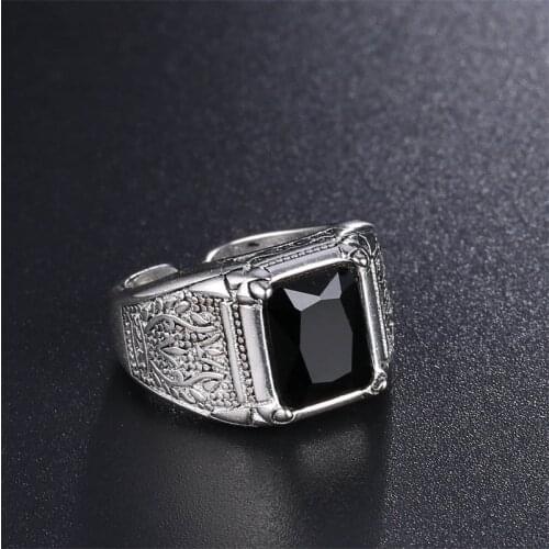 CHR16 Black Crystal Retro Flower 925 Sterling Silver Men`s Wedding Rings Jewelry For Man Open Finger Ring No Fade Cheap