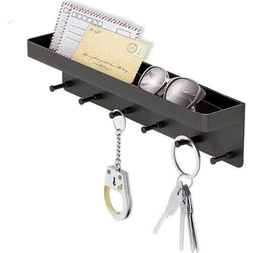 Wall Mounted Metal Key Holder with Shelf 6 Hooks Storage Rack Tray Clothes Hanger Organizer for Home Office Kitchen Entryway Dec