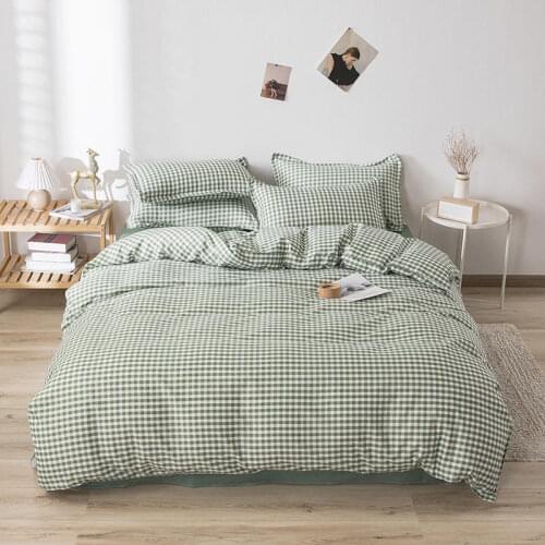 Grid Bed Linings Duvet Cover Bed Sheet Pillowcases Cover Green Bedding Set