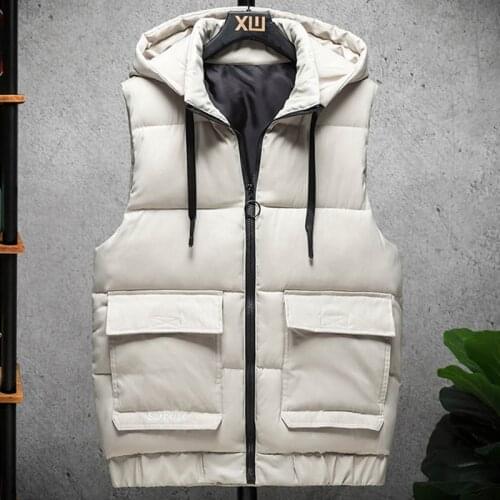2020 New Winter Vest Men Casual Winter Waterproof Warm Hooded Big Pockets Sleeveless Coat Beige Grey Black Color Plus Size