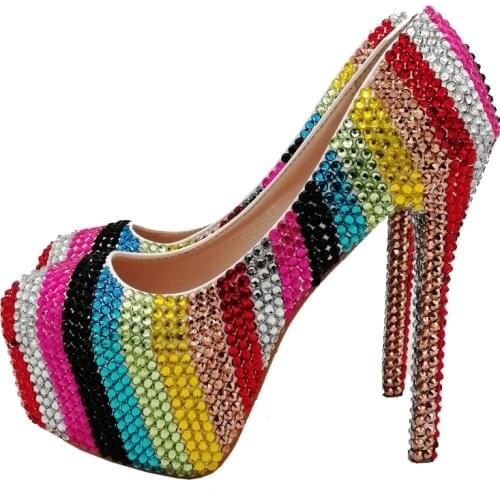 New 14cm Rainbow Stripe sparkling wedding shoes womens high heels waterproof platform shoes bridal party dress shoes women