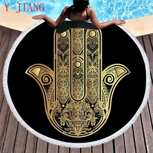 Microfiber Round Beach Towel With Tassels For Adults Summer Toalla Tassel Yoga Mat Hamsa Hand Printed Serviette De Plage 150cm