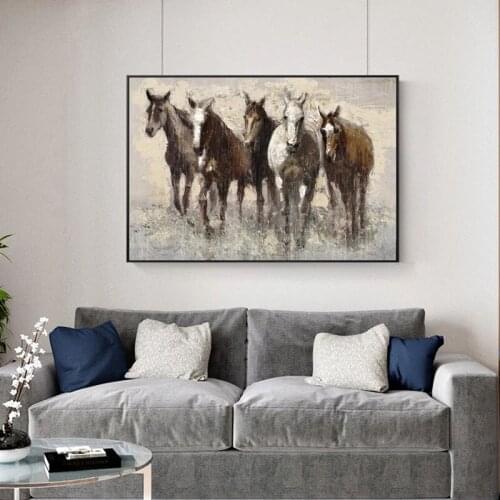 Hand Painted Abstract Oil Painting Wall Art Five Horses Picture Minimalist Decorative Modern On Canvas For Living Room No Frame