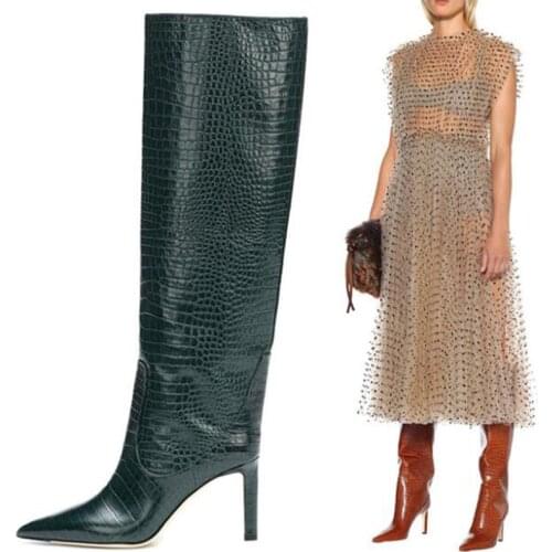 Fashion Designer Woman Knee-High Boots Sexy Pointed Toe Slip-On Leather Boots Woman Luxury High Heeled Boots Women Size 34-44