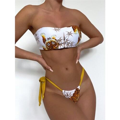 Sexy Tiger Print Bikini Tube Top Strappy Thong Bandeau Swimsuit Women 2021 Beachwear Bathing Suit Swimming Swimwear String Femme