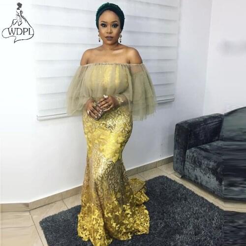 Modest Gold Mermaid Evening Dresses Plus Size Aso Ebi Women Formal Dress Lace Off the Shoulder Prom Gown Party Night Wear Custom