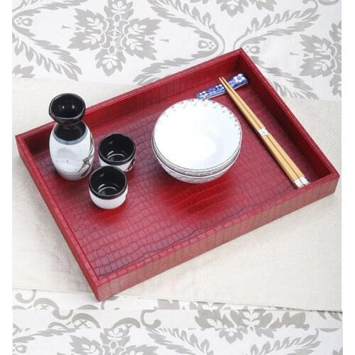 Modern EU Handmade Wood Tea Tray grocery rectangle wood leather hotel restaurant fruit serving storage box Dinner Snack Plate
