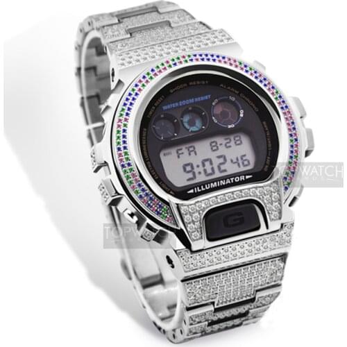 DW6900 Stainless Steel Protective Watch Case Diamond Bezel Watch Band for DW6900 DW-6900SLG DW-6900SN-1 DW-6900LS-2 Wrist Strap