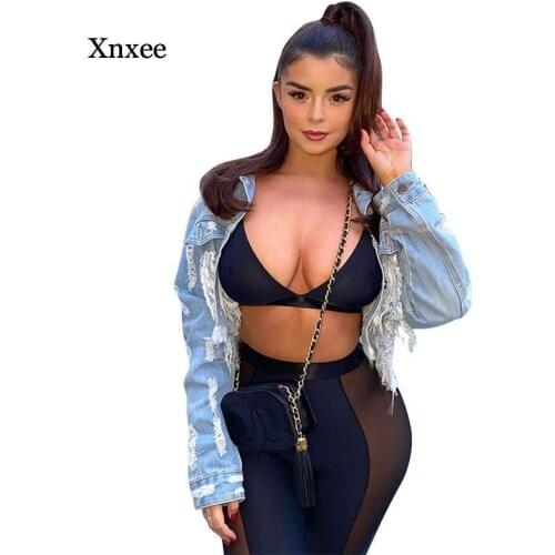 Spring and Autumn Womens Sexy Club Clothes Solid Color Ripped Denim Jacket Womens Lapel Fringed Hollow Short Jacket